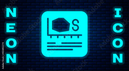 Glowing neon Area measurement icon isolated on brick wall background. Vector