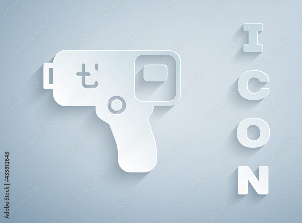 Paper cut Digital contactless thermometer with infrared light icon isolated on grey background. Paper art style. Vector