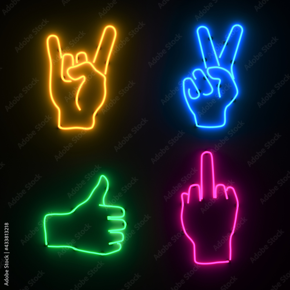 3d render of 4 hand gestures neon signs in pink, blue, yellow, green depicting the sign of victory, ok, f you isolated in black backfround 3d render of 4 hand gestures neon signs in pink, blue, yellow, green depicting the sign of victory, ok, f you isolated in black backfround
