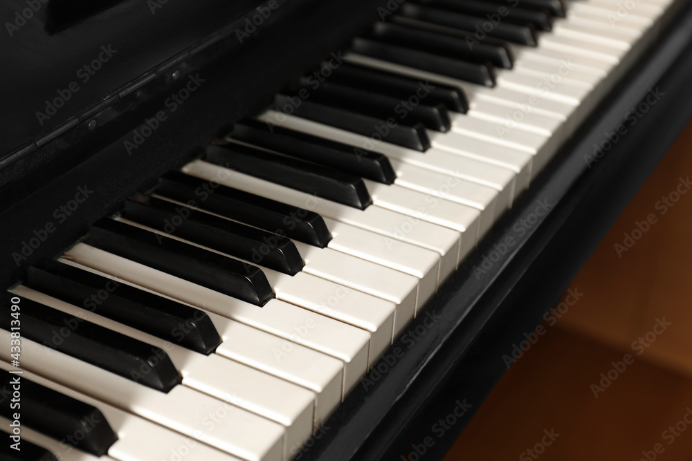 Modern piano with black and white keys, closeup