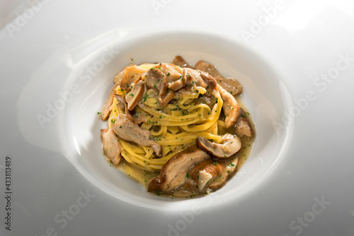 Tajarin with porcini mushrooms or Boletus edulis, fettuccine pasta from Alba, Langhe, Piedmont, Italy, close up in white dish photo