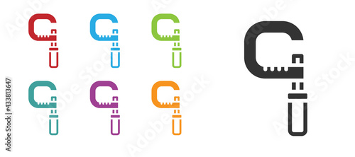 Black Micrometer icon isolated on white background. Measuring engineer tool. Universal device designed to measure linear dimensions. Set icons colorful. Vector
