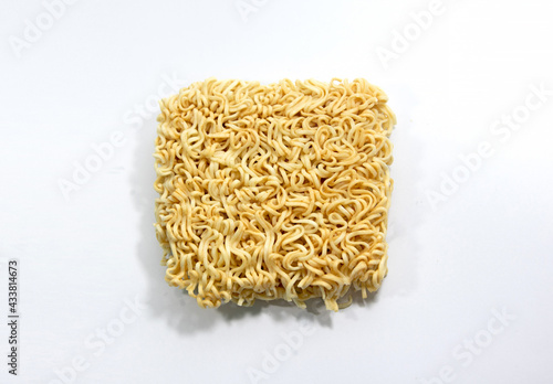 top view of Instant noodles on white background.
