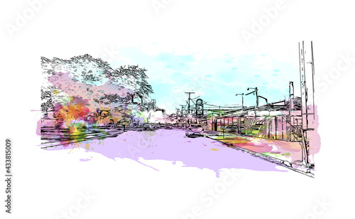 Building view with landmark of Feira de Santana is a city in Brazil. Watercolor splash with hand drawn sketch illustration in vector. photo