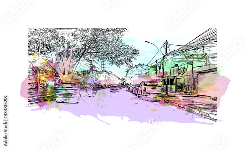 Building view with landmark of Feira de Santana is a city in Brazil. Watercolor splash with hand drawn sketch illustration in vector. photo