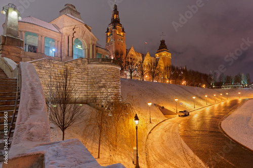 Szczecin noca, zima charakterystyczne punkty