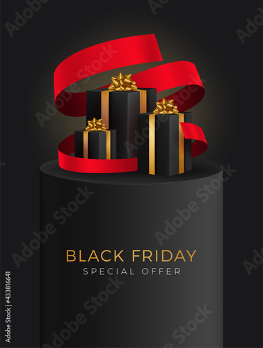 Black Friday Super Sale. Realistic black gifts boxes. Open gift box full of decorative festive object. Golden text lettering .Universal vector background for poster, banners, flyers, card,advertising 