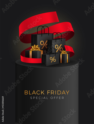 Black Friday Super Sale. Realistic black gifts boxes. Open gift box full of decorative festive object. Golden text lettering .Universal vector background for poster, banners, flyers, card,advertising 