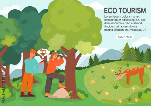 Eco tourism, traveling, camping concept. Eco friendly vector illustration for landing page, banner, flyer.Colorful forest landscape. Man and woman watching a deer
