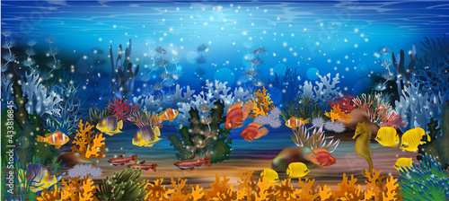 Beautiful underwater wallpaper with fish, algae, vector illustration