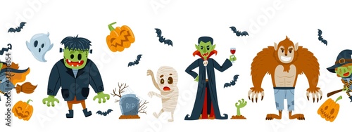 Seamless border with cute Halloween characters. Dracula, the mummy, Frankenstein, the werewolf. Isolated on a white background. Vector illustration