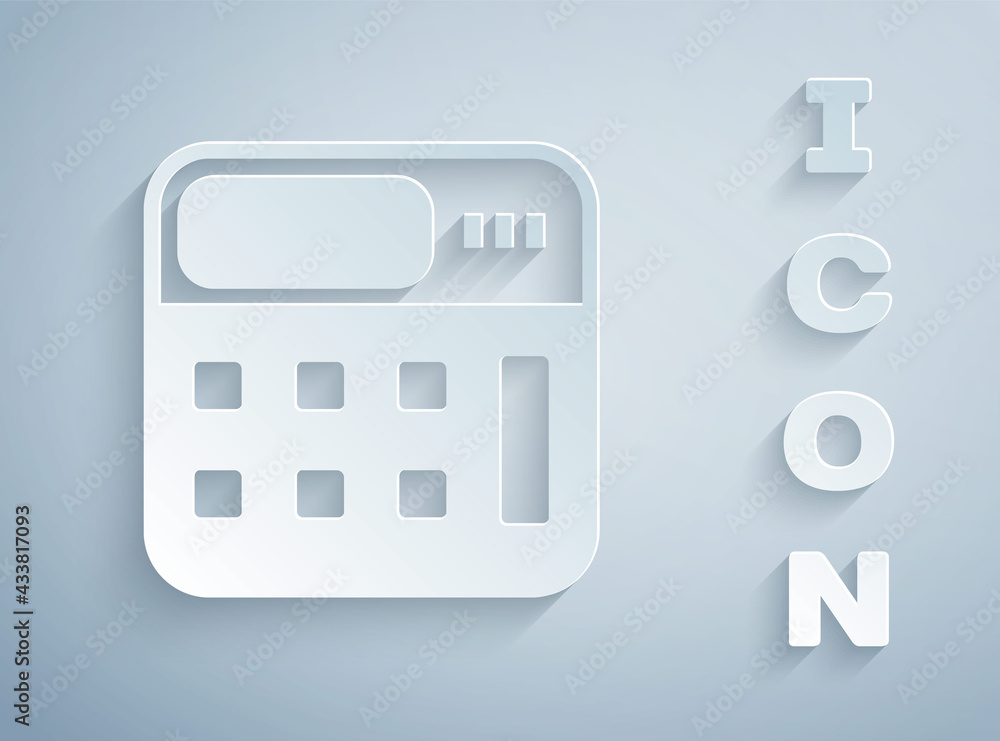 Paper cut Calculator icon isolated on grey background. Accounting symbol. Business calculations mathematics education and finance. Paper art style. Vector Paper cut Calculator icon isolated on grey background. Accounting symbol. Business calculations mathematics education and finance. Paper art style. Vector