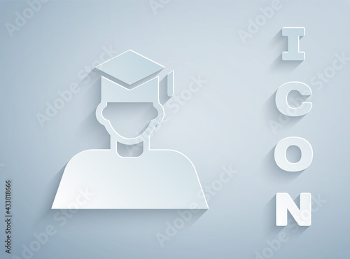 Paper cut Graduate and graduation cap icon isolated on grey background. Paper art style. Vector