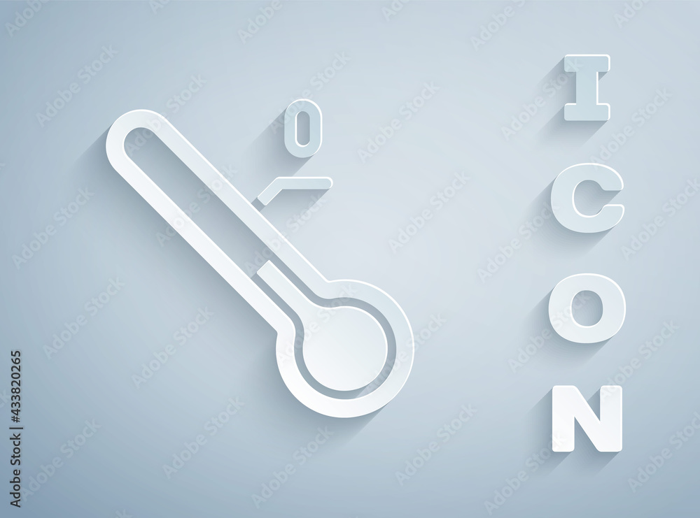 Paper cut Meteorology thermometer measuring icon isolated on grey background. Thermometer equipment showing hot or cold weather. Paper art style. Vector Paper cut Meteorology thermometer measuring icon isolated on grey background. Thermometer equipment showing hot or cold weather. Paper art style. Vector