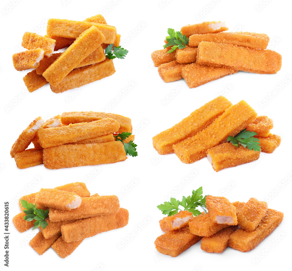 Set with delicious fish fingers on on white background Set with delicious fish fingers on on white background