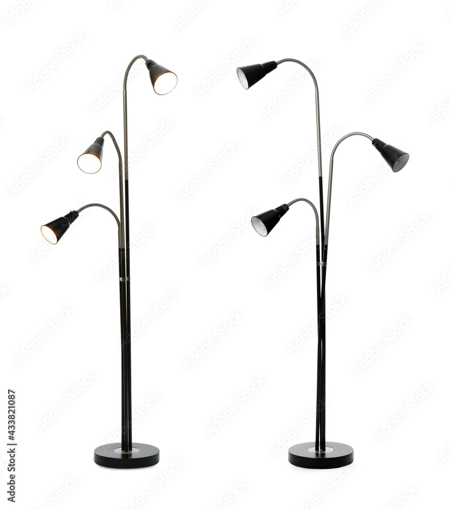 Stylish floor lamps on white background, collage Stylish floor lamps on white background, collage