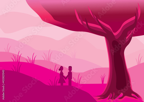 Love on sight.pink background image with girl and boy.