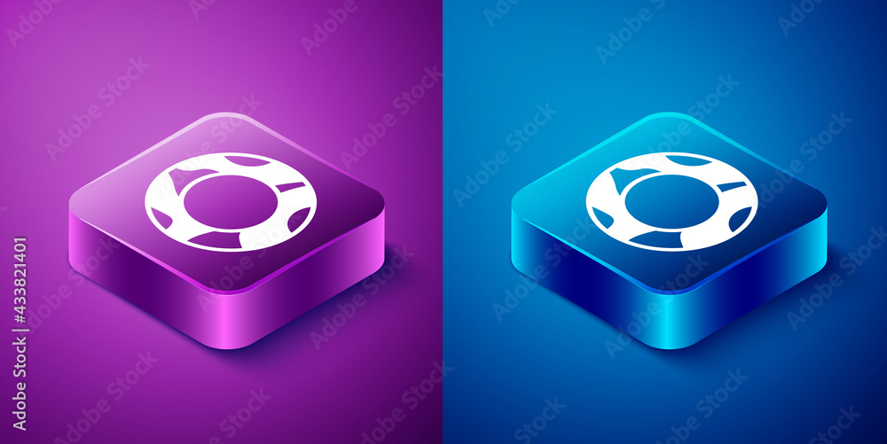 Isometric Rubber swimming ring icon isolated on blue and purple background. Life saving floating lifebuoy for beach, rescue belt for saving people. Square button. Vector Isometric Rubber swimming ring icon isolated on blue and purple background. Life saving floating lifebuoy for beach, rescue belt for saving people. Square button. Vector