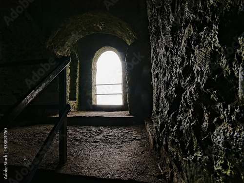 Photography window in old fortified Hell Fire club hunting lodge in Dublin, Ireland , view f