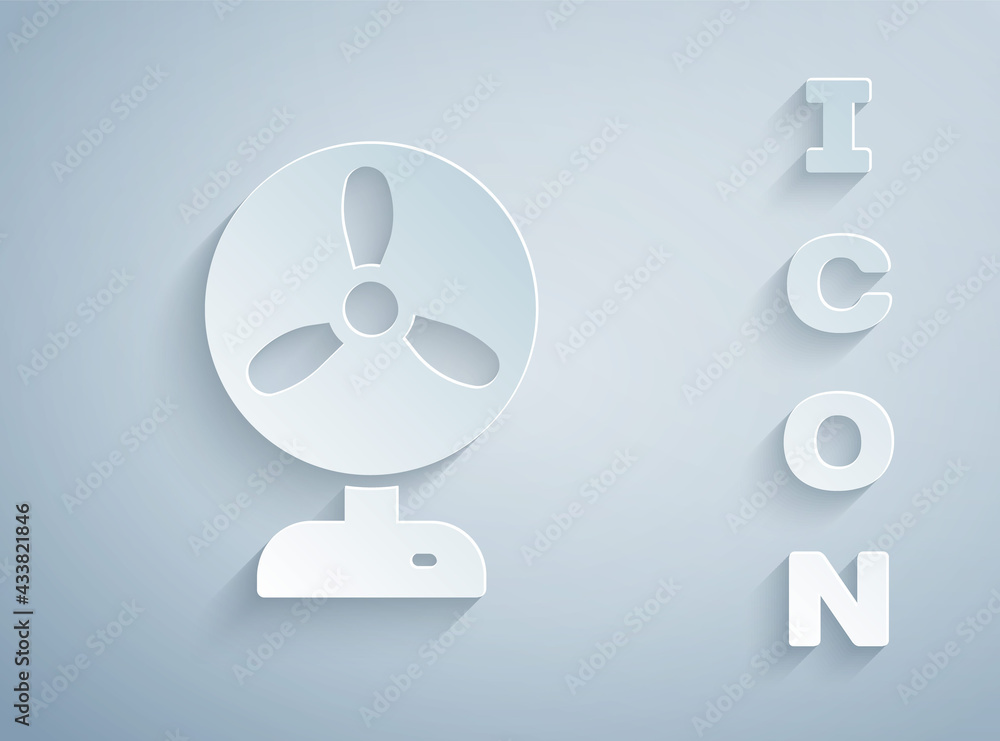 Paper cut Electric fan icon isolated on grey background. Paper art style. Vector Paper cut Electric fan icon isolated on grey background. Paper art style. Vector