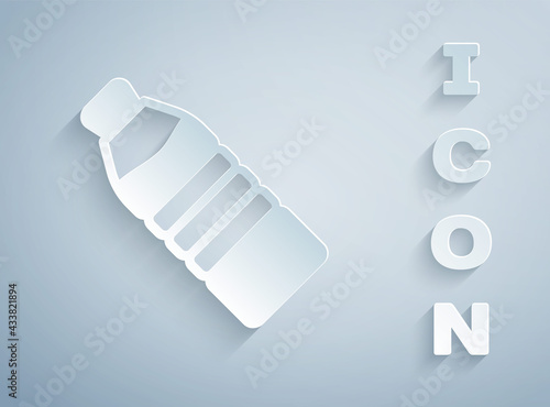 Paper cut Bottle of water icon isolated on grey background. Soda aqua drink sign. Paper art style. Vector