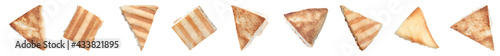 Set with delicious crispy pita chips on white background. Banner design