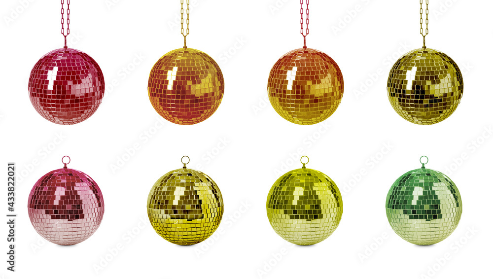 Set with colorful shiny disco balls on white background. Banner design Set with colorful shiny disco balls on white background. Banner design