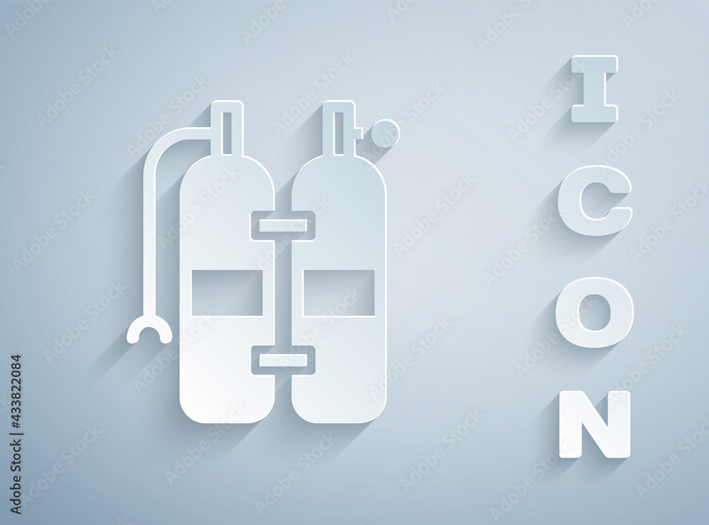 Paper cut Aqualung icon isolated on grey background. Oxygen tank for diver. Diving equipment. Extreme sport. Sport equipment. Paper art style. Vector Paper cut Aqualung icon isolated on grey background. Oxygen tank for diver. Diving equipment. Extreme sport. Sport equipment. Paper art style. Vector