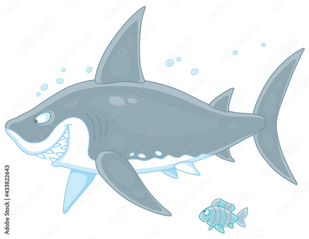 Obraz premium Funny great white shark slyly smiling and swimming with a small striped fish in water of a tropical sea, vector cartoon illustration isolated on a white background