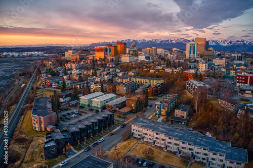 Aerial View of a Sunset over Downtown Anchorage, Alaska in Spring photo