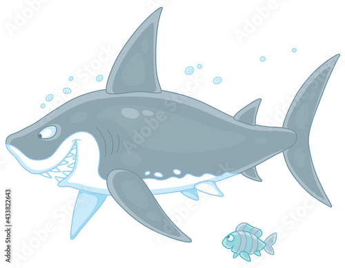 Funny great white shark slyly smiling and swimming with a small striped fish in water of a tropical sea, vector cartoon illustration isolated on a white background