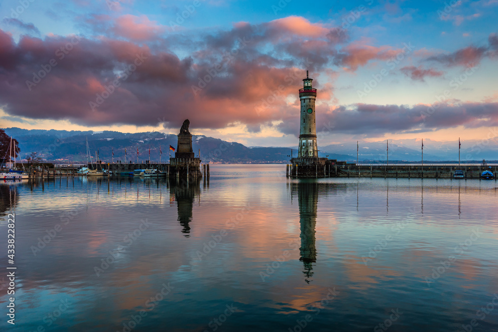 sunset over the harbor of Lindau. Lake of Constance