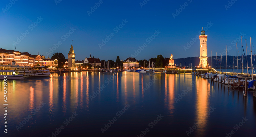 blue hour over the harbor of Lindau. Lake of Constance