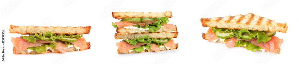 Set with different delicious sandwiches on white background. Banner design Set with different delicious sandwiches on white background. Banner design