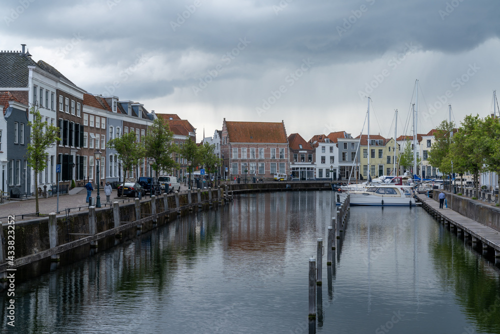 view of the harbor marina and city center of Goes in Zeeland