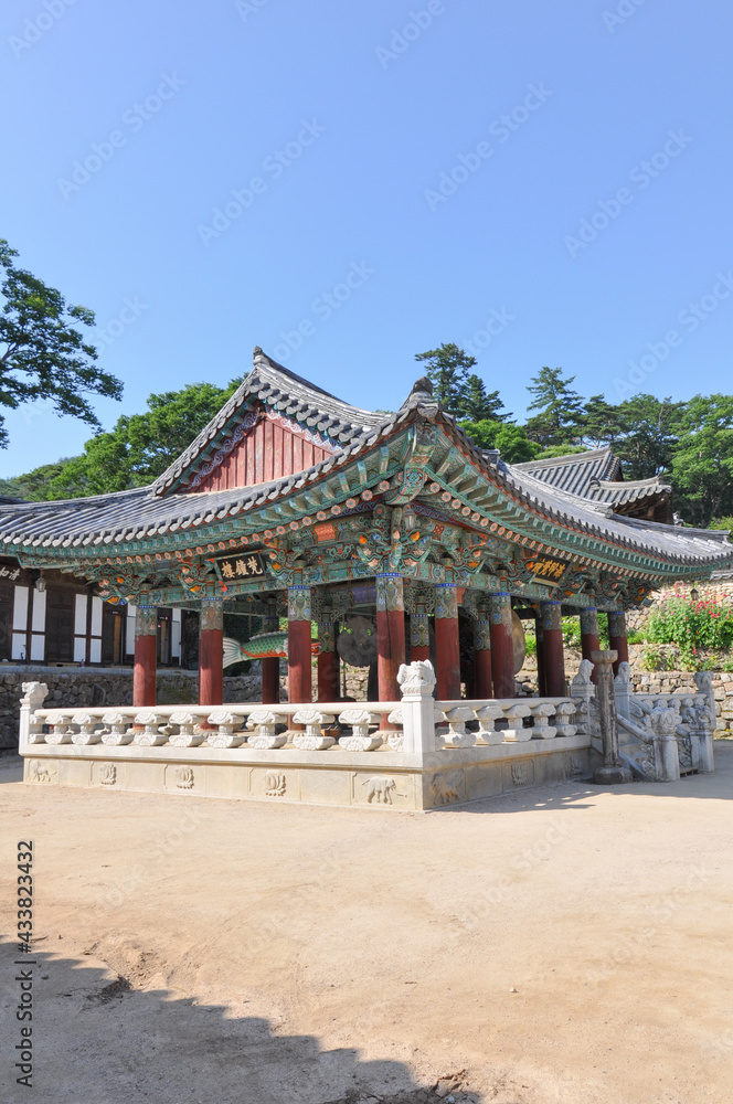 Bell Pavilion containing gong, bell and drum at Haeinsa Temple, Mount Gaya, Gayasan National Park, South Korea.