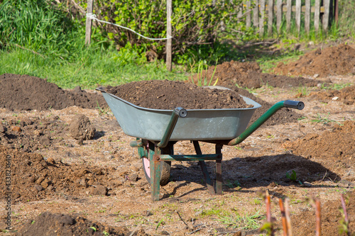 Fertilization of the earth with black soil. A garden cart delivers soil to the garden
