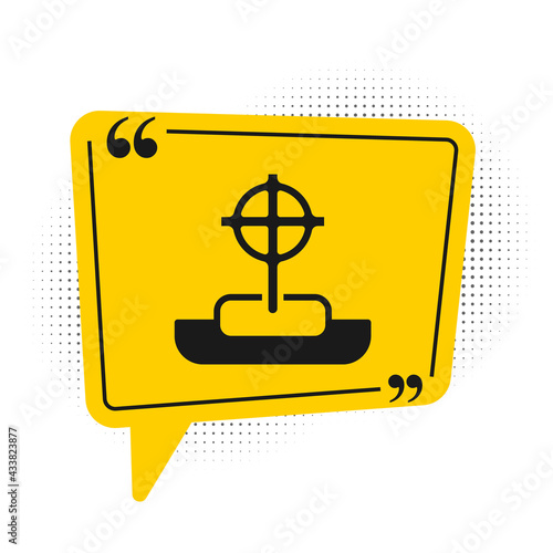 Black Tombstone with cross icon isolated on white background. Grave icon. Happy Halloween party. Yellow speech bubble symbol. Vector