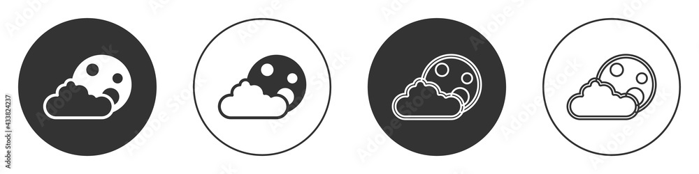 Black Moon and stars icon isolated on white background. Cloudy night sign. Sleep dreams symbol. Full moon. Night or bed time sign. Circle button. Vector Black Moon and stars icon isolated on white background. Cloudy night sign. Sleep dreams symbol. Full moon. Night or bed time sign. Circle button. Vector