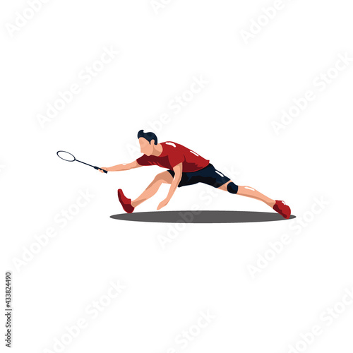 sport man badminton stretching hardly to receive the shuttlecock from the opponent - badminton athlete are stretching hardly to receive shuttlecock isolated on white