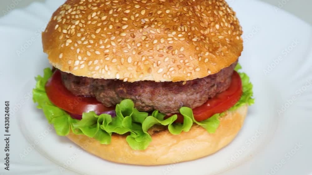 Big and delicious burger on a white plate Big and delicious burger on a white plate