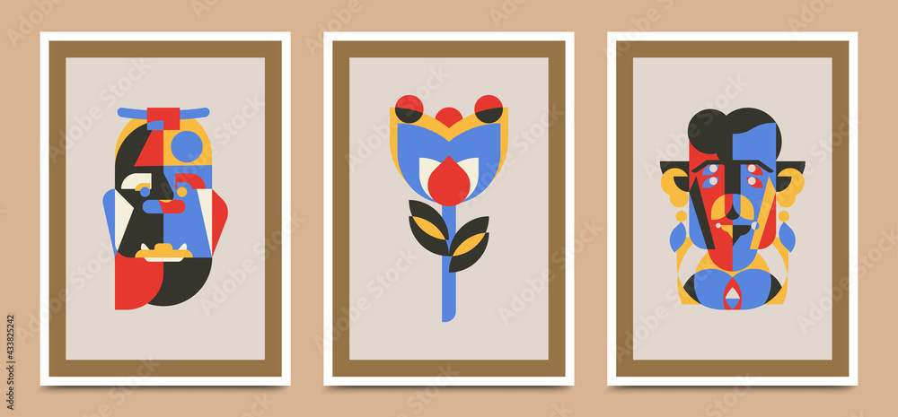 Fototapeta premium Collection of wall design vector illustrations, portrait abstraction art and vector templates with floral primitive shape elements. minimalistic abstract geometric face