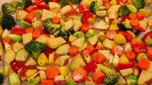 chopped mixed vegetables carrots potato broccoli Brussel sprouts  Bell pepper healthy meal vegetarian 
