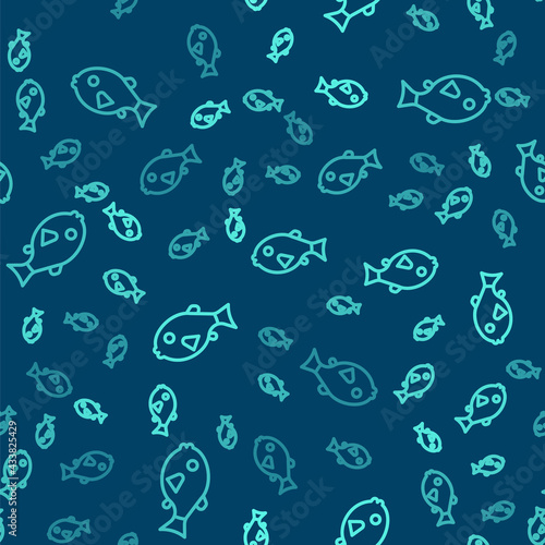 Green line Tropical fish icon isolated seamless pattern on blue background. Exotic fish. Vector