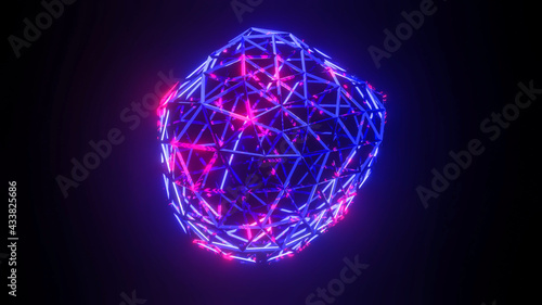 abstract background from blue glowing broken mesh with red highlights. 3d render illustration © toomler