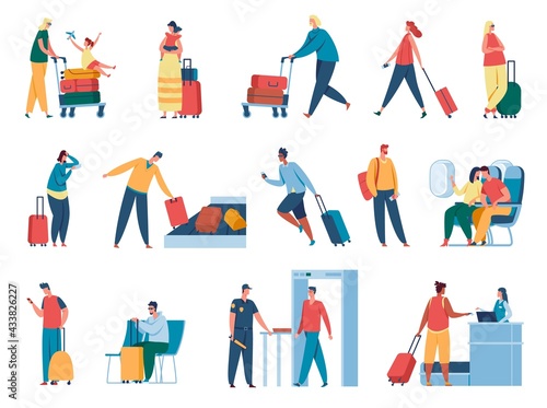 People in airport. Passengers at passport control, going through security, waiting for plane departure. Tourists with luggage vector set. Man and woman with baggage for holidays or vacation