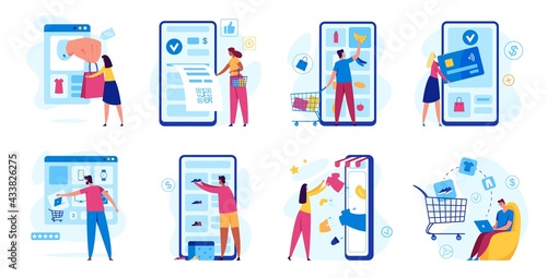 Online shopping. Digital payments with smartphone. Customer buying in internet store. Online shop checkout and delivery, e-commerce concept vector set. Choosing products, shoes, receiving receipt