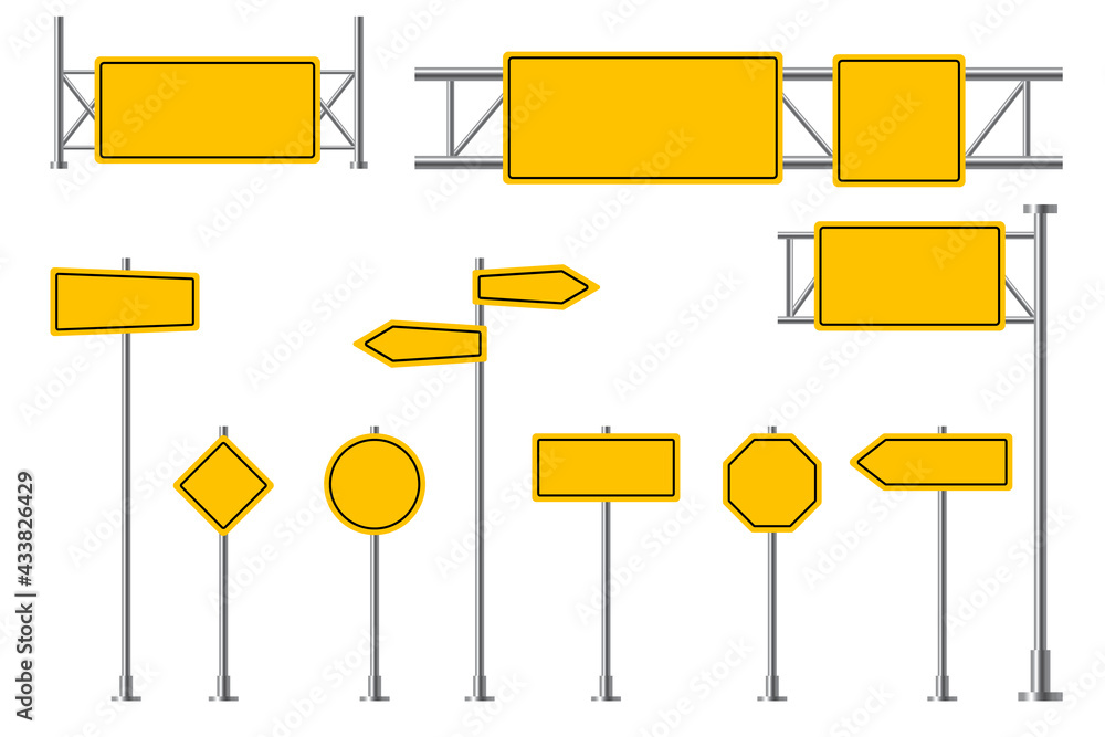Yellow road signs. Blank street signage, highway traffic attention, safety boads. Empty round rectangular yellow signposts vector isolated set. Location pointer or arrow for transport Yellow road signs. Blank street signage, highway traffic attention, safety boads. Empty round rectangular yellow signposts vector isolated set. Location pointer or arrow for transport
