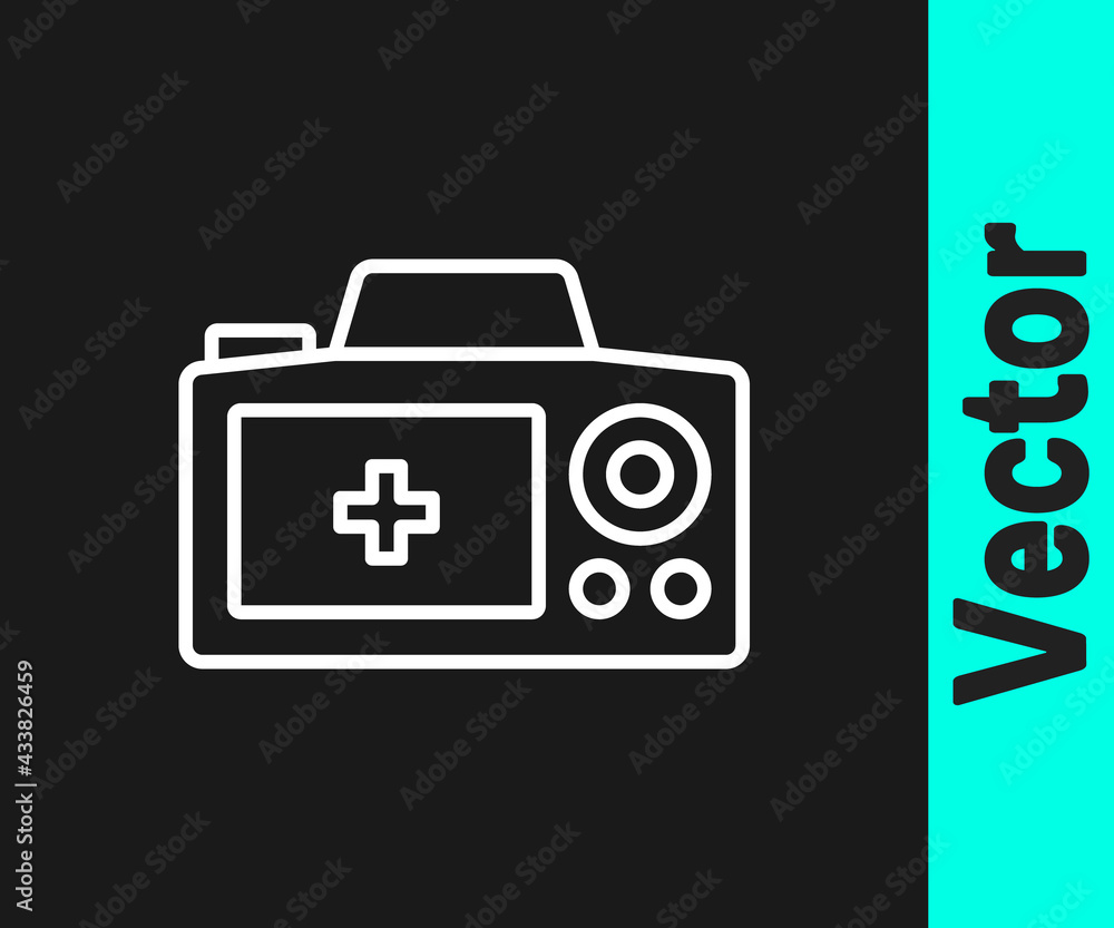 White line Photo camera icon isolated on black background. Foto camera. Digital photography. Vector