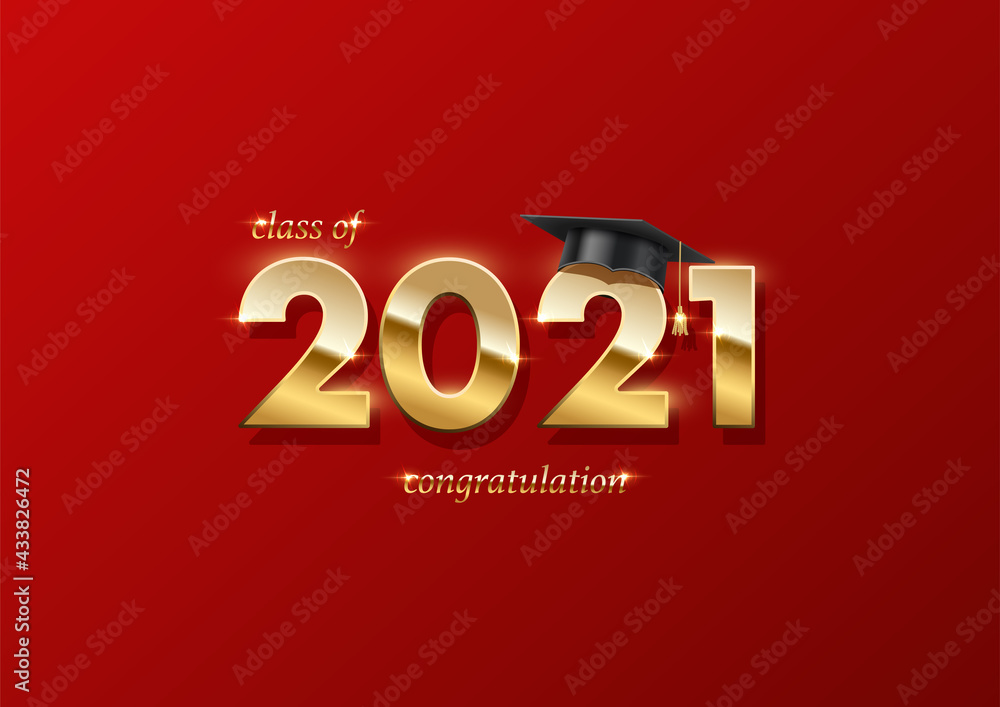 2021 graduation ceremony banner. Award concept with academic hat, golden numbers and text on red background. 2021 graduation ceremony banner. Award concept with academic hat, golden numbers and text on red background.